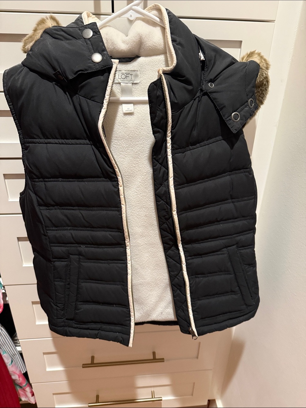 LOFT Black Quilted Puffer Vest with Faux Fur Hood Trim